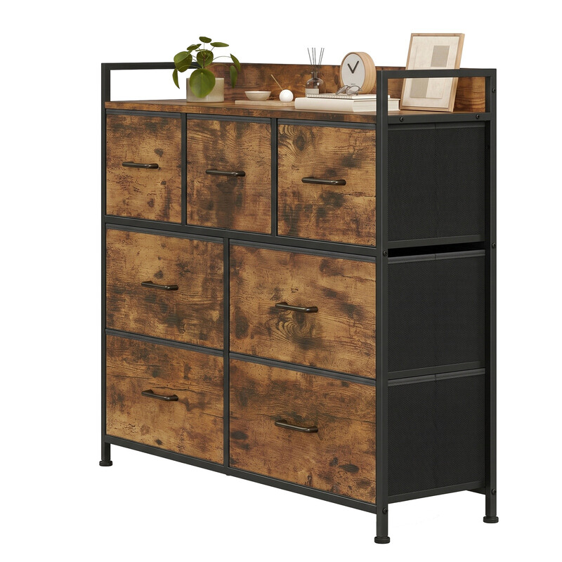 JOYFURNOS Ladekast met 7 stoffen laden en handgrepen –98 x 28.5 x 85 cm Rustiek Bruin & Inktzwart, metalen frame – ruime slaapkamer opbergkast voor kleding en linnengoed