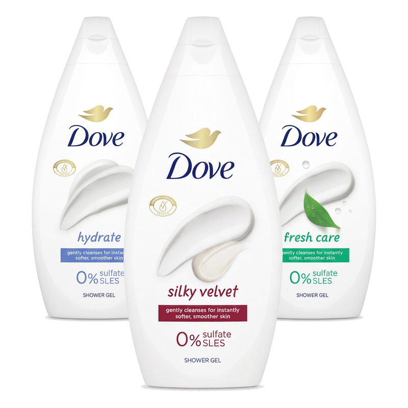 Dove douchegel proefset (Silky Velvet + Hydrate + Fresh Care) 3 x 450 ml