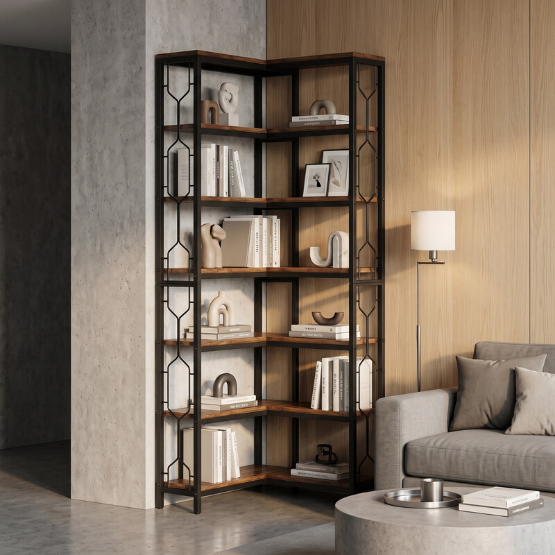 Eck-Bücherregal, 7-stufiges industrielles Eckregal, Holz- und Metall-Eckregal, freistehendes Aufbewahrungsregal für Wohnzimmer, Küche, Homeoffice (Braun)