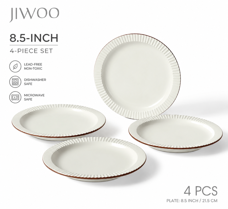 JIWOO Collins 8,5 Zoll 4-teiliges Familien-Set eleganter Porzellan-Teller, Beige mit braunem Rand