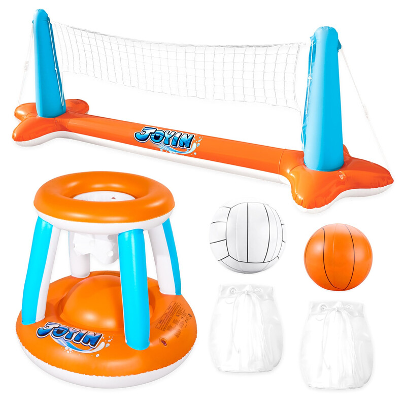 SLOOSH Inflatable Pool Float Set with Volleyball Net & Basketball Hoops - Floating Swimming Game Toy for Kids and Adults | Orange