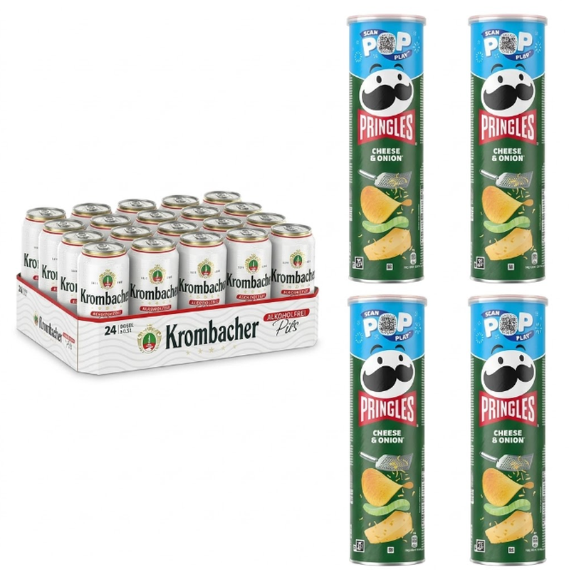 Vorteilspack Krombacher Alkoholfreies Pils 24x0,5 L + Pringles Käse & Zwiebel Kartoffelchips 4x185 g