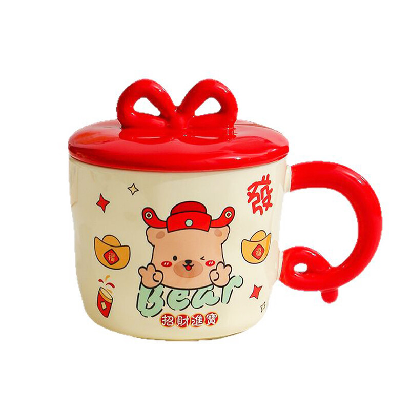 Chinese New Year Mug with Lid 400ml Red Ceramic Mug with "Get Rich" Pattern, Themed G