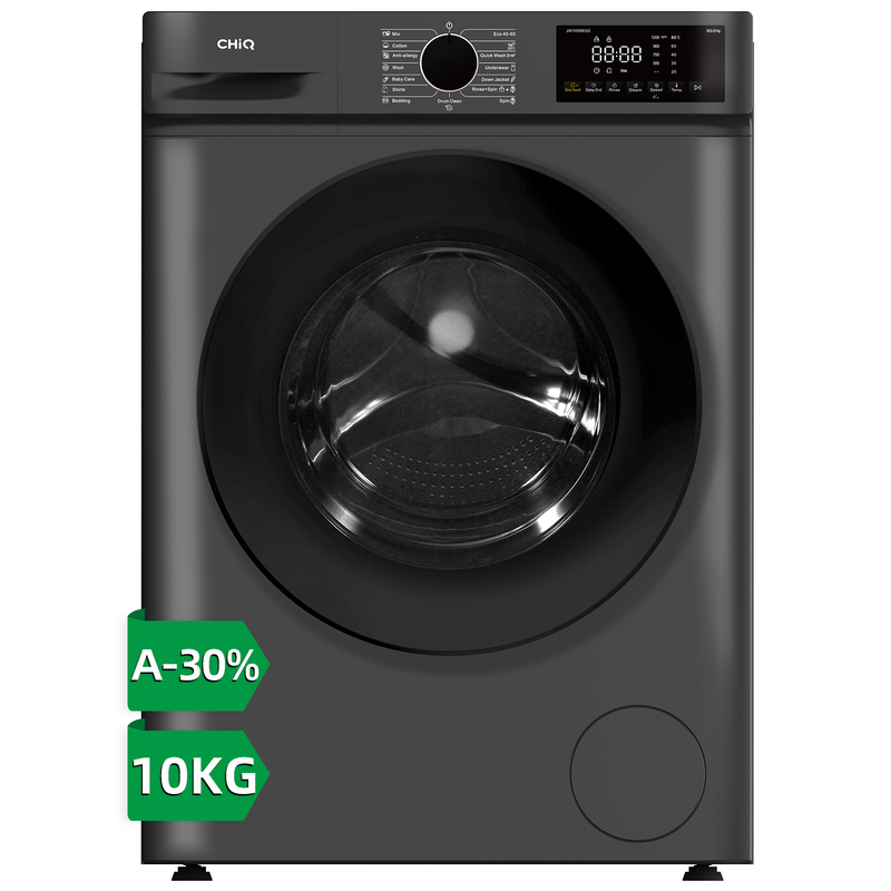 CHiQ 10 kg frontlader wasmachine, donkergrijs, energieklasse A-30%, grote trommel 530 mm, 1400 toeren, 16 programma's, stoomwassen & 1-Touch Smart Wash JW105883G