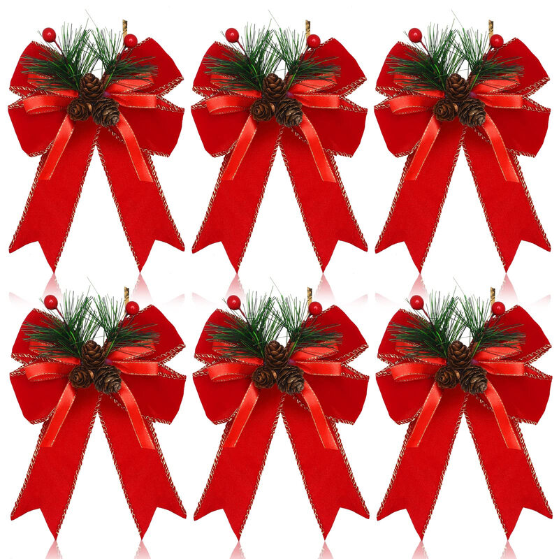 6 Pcs 5.9in/15cm Christmas Bows with Pine Cones Pine Needles Xmas Velvet Bows Ribbon Christmas Tree Wreath Decoration for Xmas Parties Indoor Outdoor Crafts DIY Decor(red)