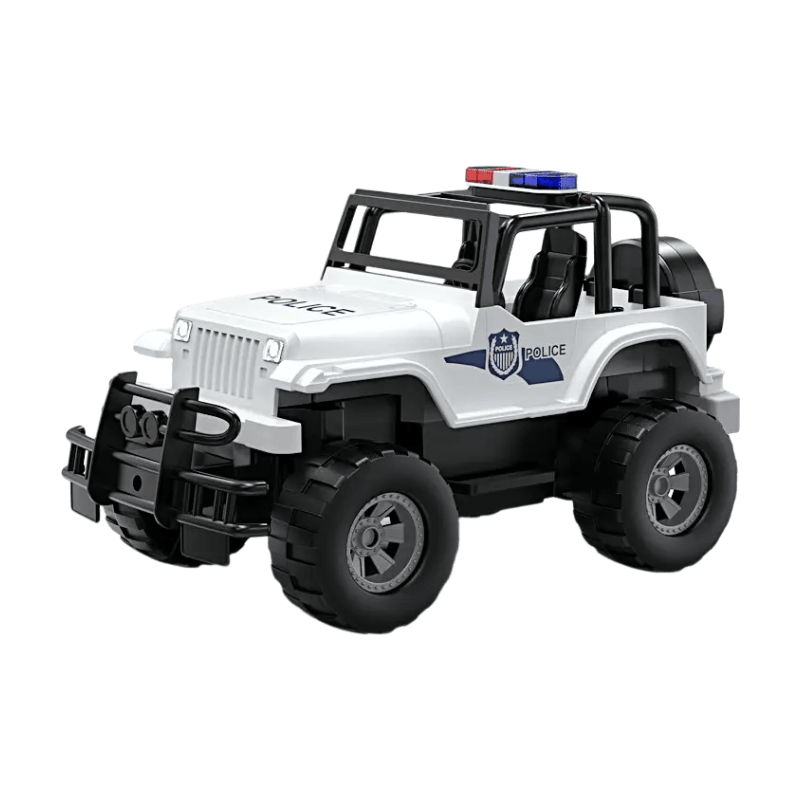 DOUBLE E Polizei-Geländewagen Spielzeug: Rutschmotor mit Sirene & Blaulicht, langlebiges Notfahrzeug für Kinder ab 6