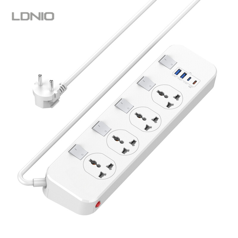 LDNIO universele stekkerdoos met onafhankelijke schakelaar, 4 universele stopcontacten, 2 x USB-A, 1 x Type-C, 1 x 20 W USB-C PD (5 V 3 A 20 W), 5 onafhankelijke veiligheidsschakelaars, 6,5 ft voedingskabel, met overspanningsbeveiliging, EU- & US-stekkerd