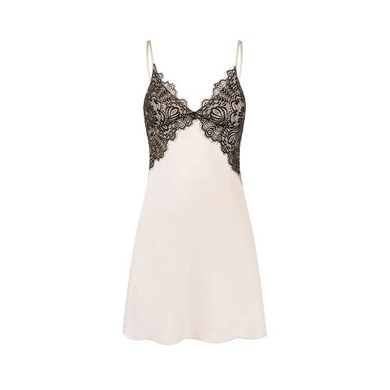 chest lace v-neck champagne silk-like suspender dress XL