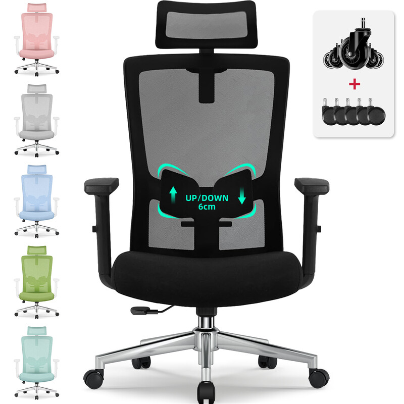 GTIMEX Bureaustoel Ergonomisch, ergonomische bureaustoel met verstelbare lendensteun, armleuningen en hoofdsteun, draaistoel bureaustoel 150 kg, bureaustoel directiestoel kantelfunctie tot 135°