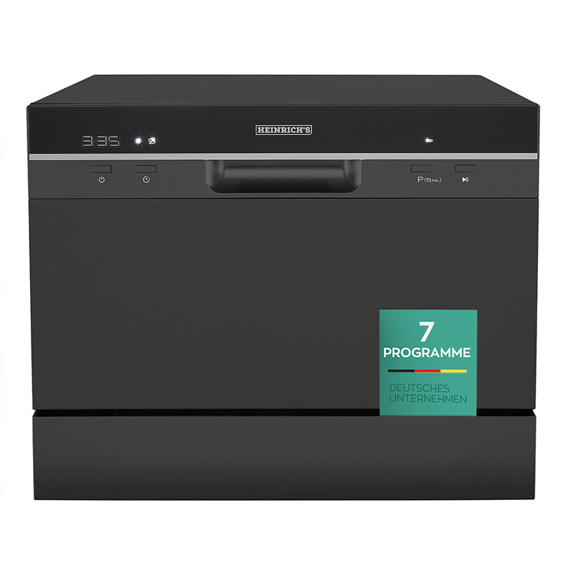 Heinrich's HTG 8840 Schwarz Tischgeschirrspüler 6 Maßgedecke Mini-Aufbau-Geschirrspüler 7 Programme Digitalanzeige 24 h Startzeitvorwahl Auto-Open Trocknung Wassersoftener 47 dB Leiser Betrieb Energieklasse D