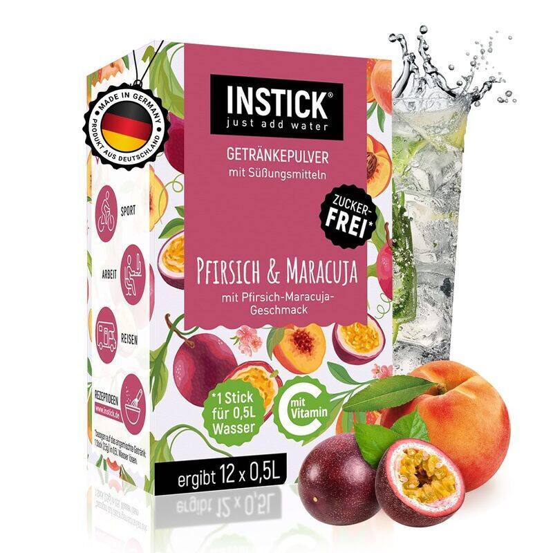 INSTICK Zuckerfreies Instant-Getränk (Pfirsich-Maracuja) - 1 Packung für 12 x 0,5-1 L - Veganes Getränkepulver Kalorienarm & Vitamin C - Instant-Pulver