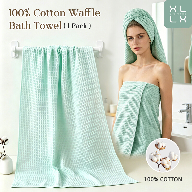 XLLX 1 Stück Badetuch, 100 % Baumwolle, Weich & Schnelltrocknend - Waffelstruktur, Sehr Groß - 70 x 140 cm, Modernes, hochwertiges Design, Hellblau