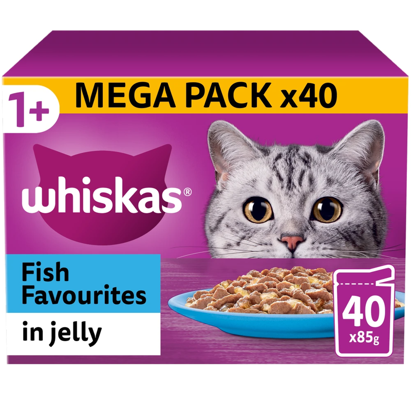 1+ Fish Favourites Adult Wet Cat Food Pouches in Jelly 40 x 85g