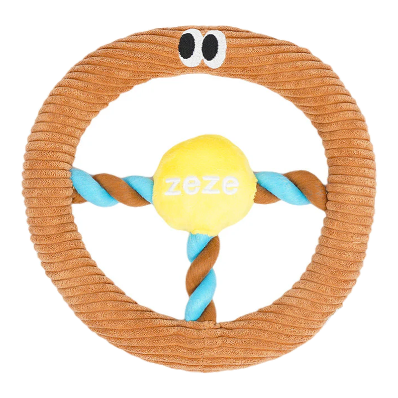Zeze Brown Dog Steering Wheel Chew Toy (Brown), 23 X 23 X 3.5 Cm, Built-In Sound Effects, Noisemaking Toy