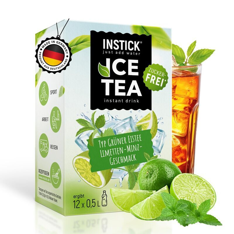 INSTICK Eistee Getränkepulver – Limette & Minze 12 Sticks je 0,5–1L – Zuckerfreies Erfrischungsgetränk mit Vitamin C & Grüntee-Extrakt – Für bis zu 12L Wasser mit Geschmack