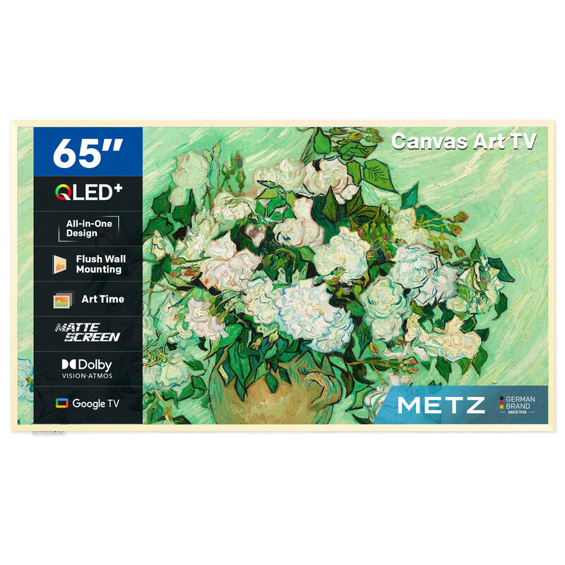 METZ lifestyle-tv 65MUE7800Z 65 inch smart-tv met Google TV, UHD QLED+, ultradun unibody-ontwerp, mat scherm, HDR10+, Dolby Vision, Dolby Atmos, Eye Care (Energy Effiency F) Sierlijst apart verkrijgbaar