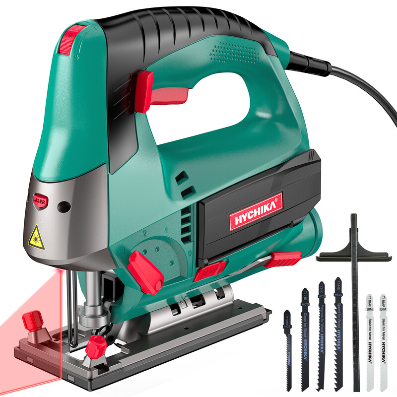 Jigsaw 800 W Max Wood Cutting Depth 110 mm, 800-3000SPM Hychika Electric Jigsaw with Laser, 6 Variable Speeds and 0-3 Orbital Position, 6 Blades, Chamfer Cutting: -45° to 45°, Case.