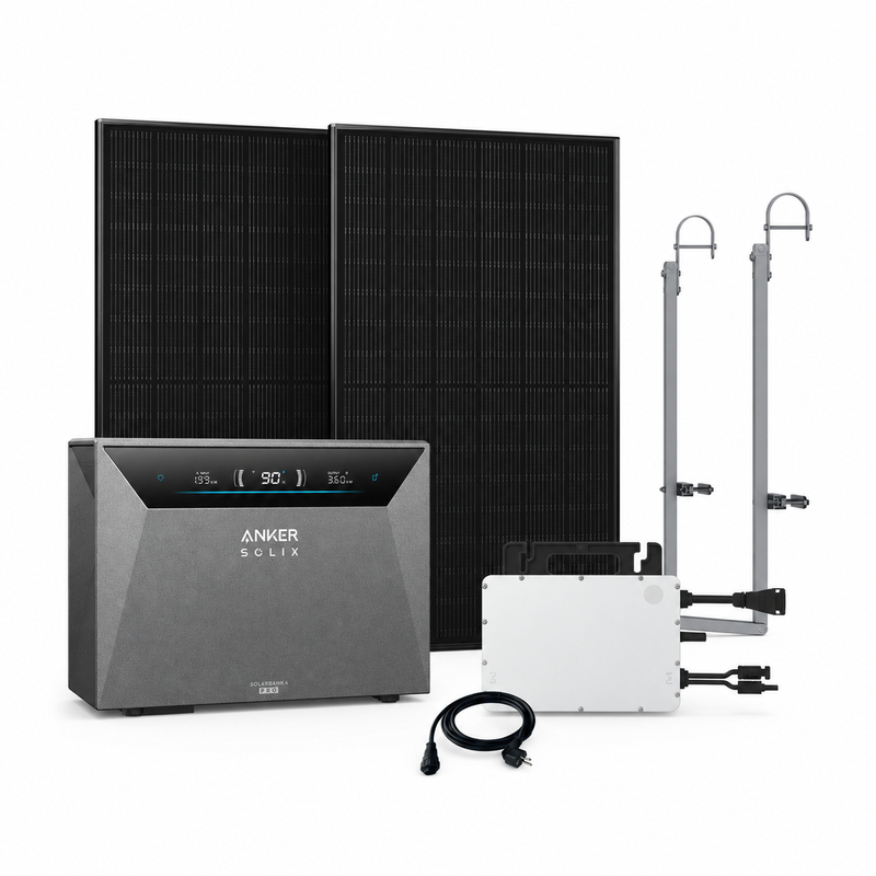 Anker SOLIX Solarbank 4 Pro Bundle mit SKYWORTH Solar-Kit, 2 × 450 W Solarpanels, 800 W Mikroinverter und Montagesystem