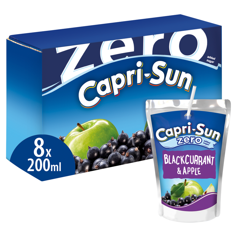 Capri-Sun Softdrink Kids' & Lunchbox Beverage: Zero Sugar Blackcurrant Juice Drink, 8 x 200ml Pouch Multipack