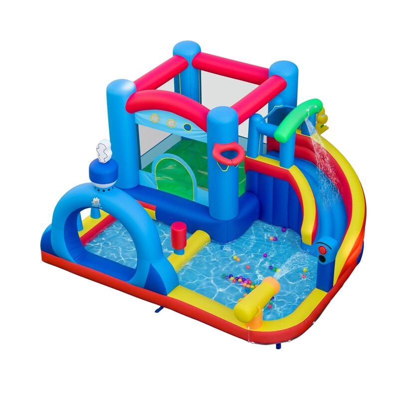Inflatiele bouncy castle met waterslide, springzone, waterpoel, waterkanon, zandzakken en ringwerpspel (zonder blazer)