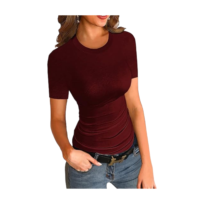Women's Red Crewneck Short Sleeve Ribbed T-Shirt Slim Fit Tops Solid Basic Tee (Winered， Xs)
