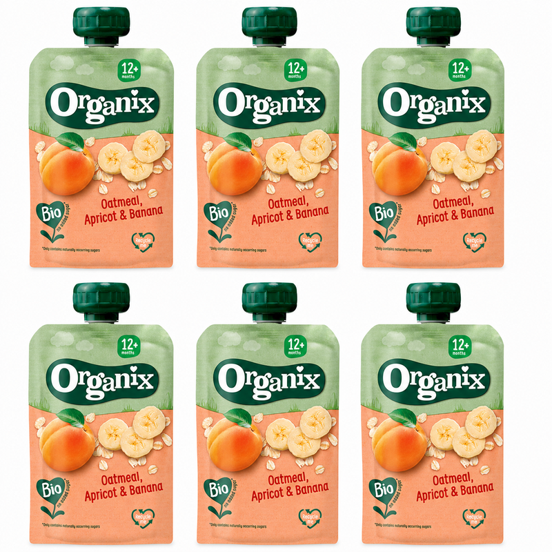 Organix Knijpflesjes Fruit Havermout, Abrikoos & Banaan 12 m+ 100 g x 6