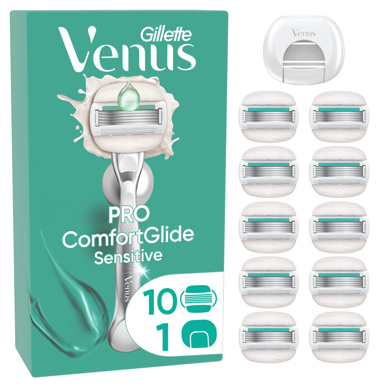 Gillette Venus Pro ComfortGlide Sensitive Damenrasierklingen mit Aloe Vera für sanfte Rasur, 10 Ersatzklingen inklusive Schutzkappe