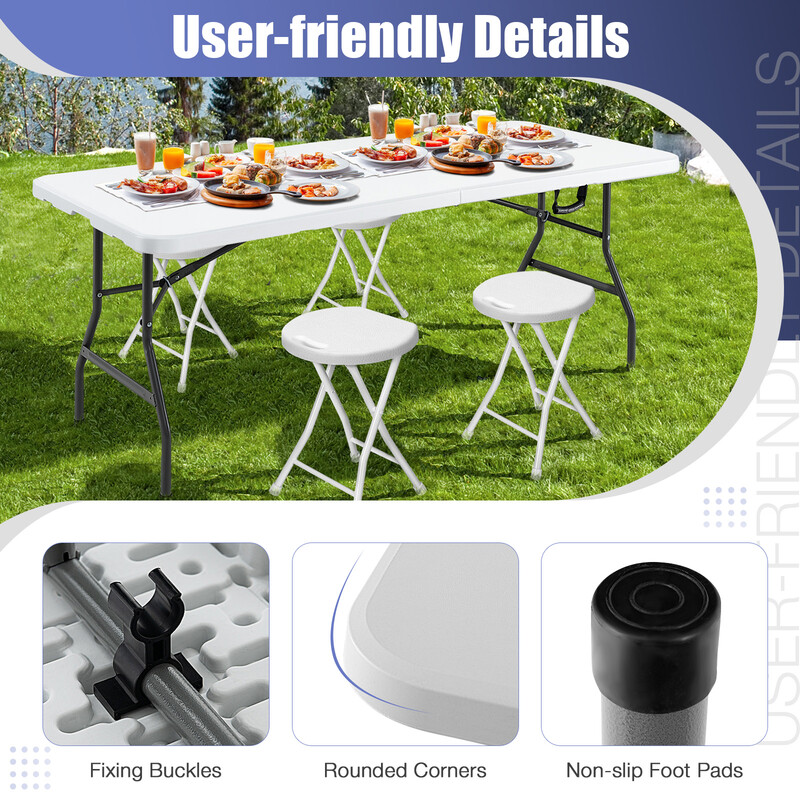 Costway 180 CM Folding Plastic Dining Table with Handle Metal Legs and Non-Slip Foot Pads