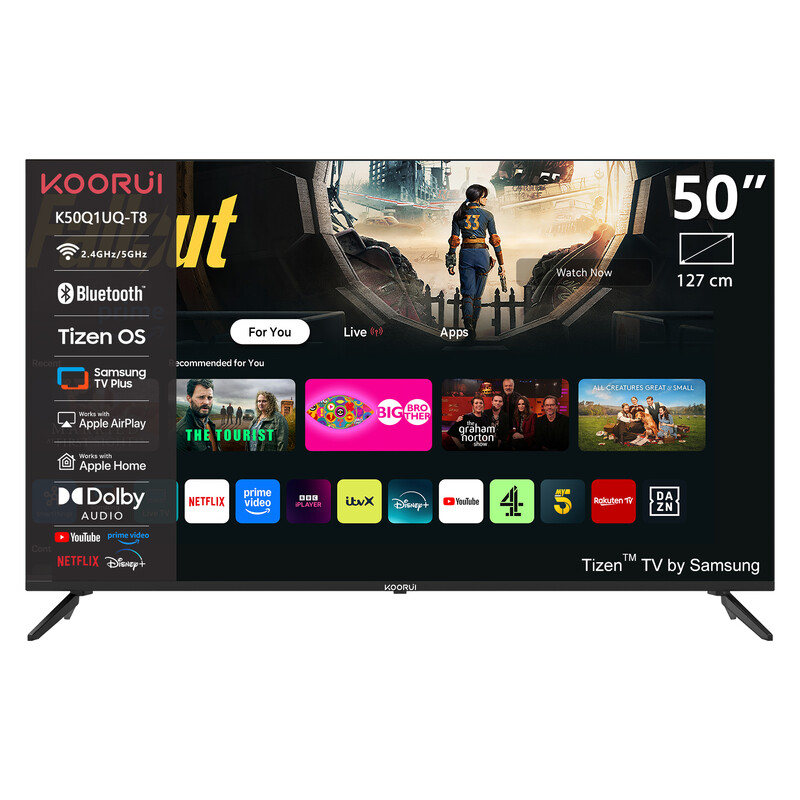 KOORUI K50Q1UQ-T8, 50 Zoll, 4K QLED, TIZEN TV, Rahmenloses Design, Dynamischer Sound mit Dolby Audio, Hochwertiges Metalldesign