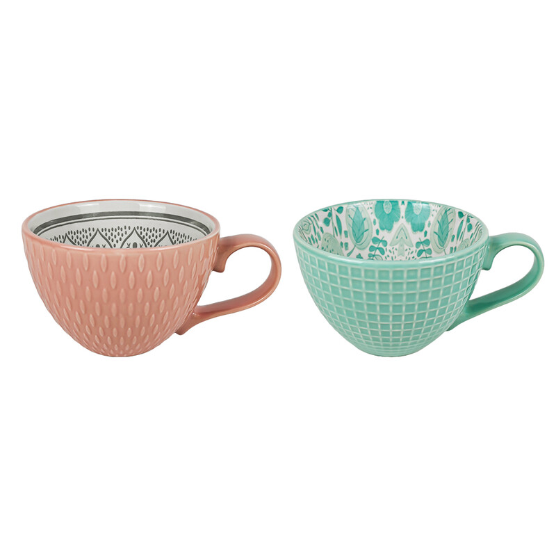 Set of 2 400ml Ceramic Mugs, Textured Matte Finish, Mint Green & Coral Pink Coffee Cu