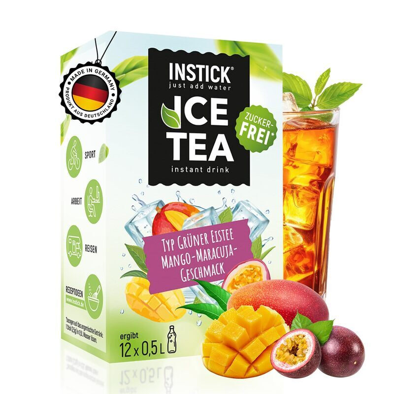 INSTICK Eistee Getränkepulver – Mango & Maracuja 12 Sticks je 0,5–1L – Zuckerfreies Erfrischungsgetränk mit Vitamin C & Grüntee-Extrakt – Für bis zu 12L Wasser mit Geschmack