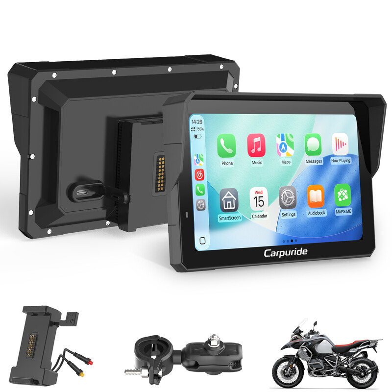 Carpuride Motorcycle CarPlay Screen, 7-Inch Waterproof Touchscreen, Wireless CarPlay & Android Auto, BM05 Plug-and-Play Mount, Wired Controller, Dual Bluetooth, Intercom