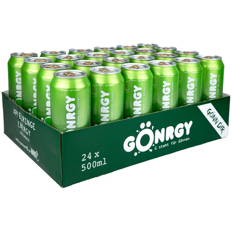 Gönrgy Apple Rings Zero: Erfrischender Energy Drink ohne Zucker, 24 x 0,5L Dosen für lang anhaltende Energie und Fokus.