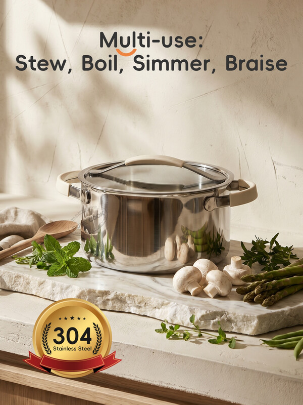 PURECOOK 304 Soup Pot Series | 304 Tri-Ply Stainless Steel Straight Soup Pot with Steel Lid