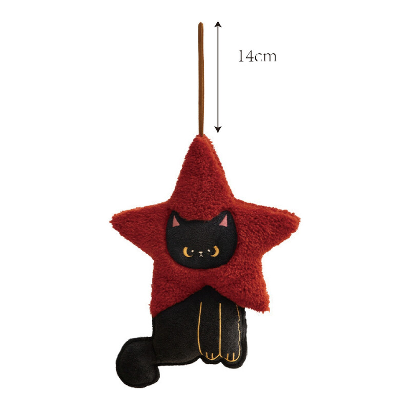 Kerstkat 3D-vormig kussen met rode sterrenmuts, zwart, 37 x 26 cm