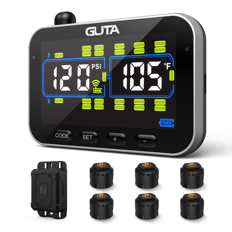 GUTA Camper/Aanhangwagen Bandenspanningscontrolesysteem met 6 Sensoren, 0-188PSI Realtime Monitoring, 6 Alarmen, LCD-kleurenscherm, Repeater, Communicatie over Lange Afstand, Ondersteunt Maximaal 24 Banden, GT20C+6GS02+GB30