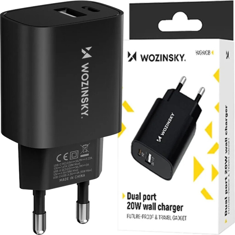 Wozinsky WGWCB 20W USB-A & USB-C Wandladegerät - Schwarz