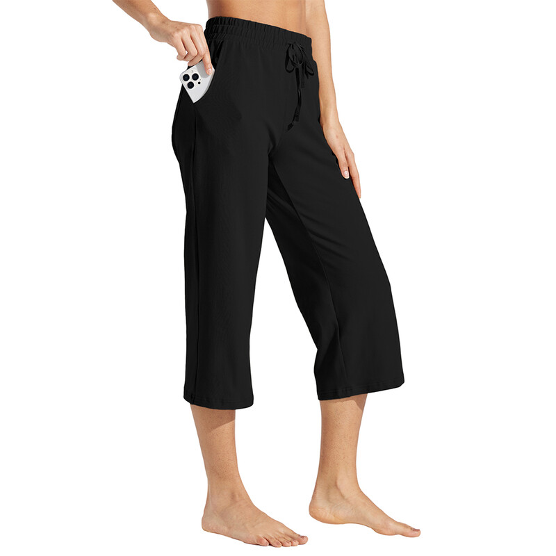 Women's Cotton Yoga Capri Casual Lounge Pants Wide Leg Workout Sweatpants with Pocket