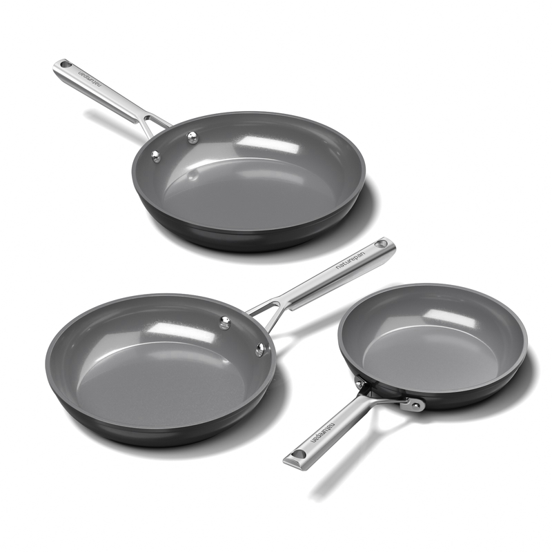 naturepan Set van 3 diamant-titanium keramische koekenpannen (20+24+28 cm) - Antiaanbaklaag zonder PTFE/PFOA/PFAS - Koel blijvende handgreep - Inductie- & ovenbestendig - Vaatwasserbestendig - Grijs