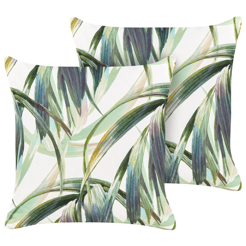 Beliani 2er-Set Outdoor-Kissen, Blattmuster, 45 x 45 cm, grün/weiß, CALDERINA