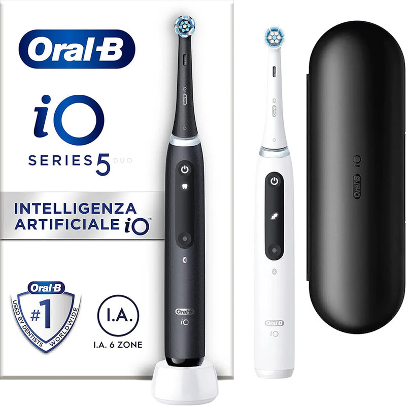 Oral-B iO Series 5 Duo Elektrische Zahnbürste 2er-Pack – Magnetantrieb, 5 Modi, Drucksensor, Timer & Reiseetui in Schwarz & Weiß