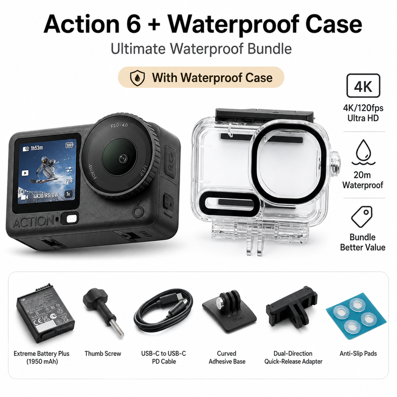 DJI Osmo Action 6 Standard Combo + Action 6 Wasserdichte Hülle - 8K Wasserdichte Action-Kamera, 4K/120 fps Video, RockSteady 3.0, HorizonSteady, Unterwasser-Kamera-Bundle für Tauchen, Outdoor-Sport, Reisen & Abenteuer