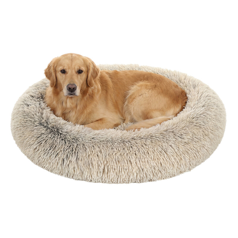 Ochama Flauschiges Hundebett, Katzenbett, Donut-Kissen, waschbar, herausnehmbare Polsterung in der Mitte, langfloriges Plüschmaterial, 90 cm Durchmesser, Ombre-Khaki