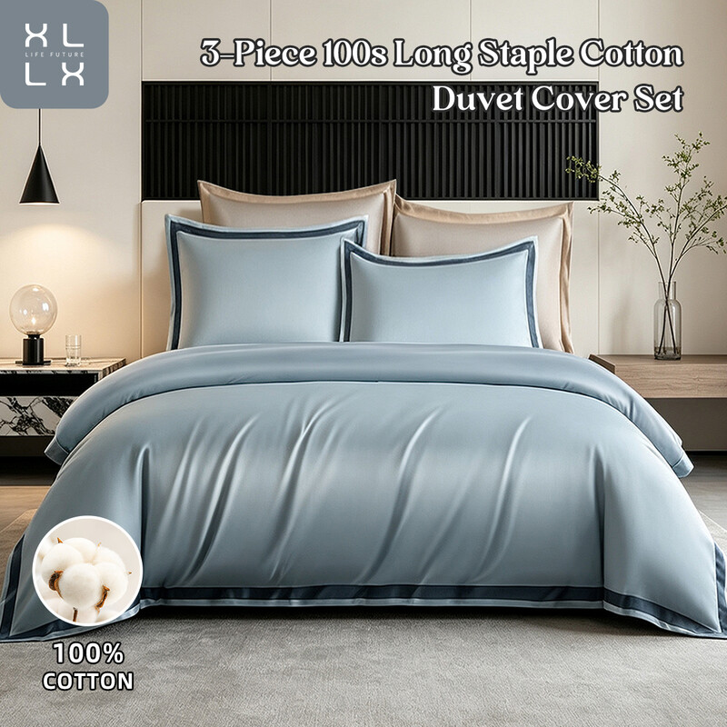 XLLX 3-delige beddengoedset, 200 x 200 cm, 100s langstapelig katoenen dekbedovertrekset, 100 TC satijn zacht, zijdeachtige luxe, dikker en ademend, dekbedovertrek 200 x 200 cm en 2 kussenslopen 65 x 65 cm, blauw