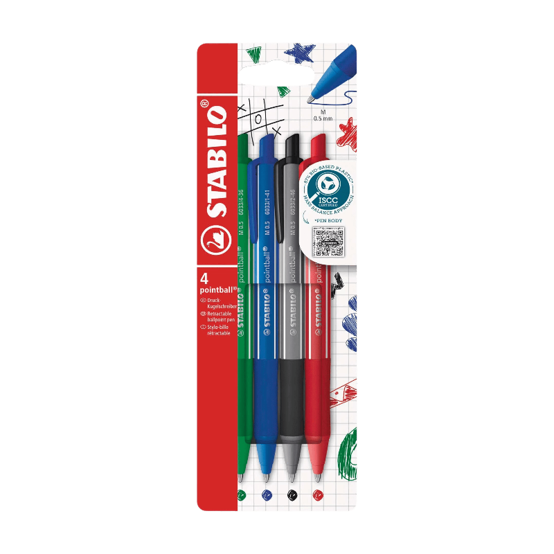 STABILO pointball colorful - Balpen - Set van 4 - Donkergrijs, Mintgroen, Roestrood en Ultramarijn