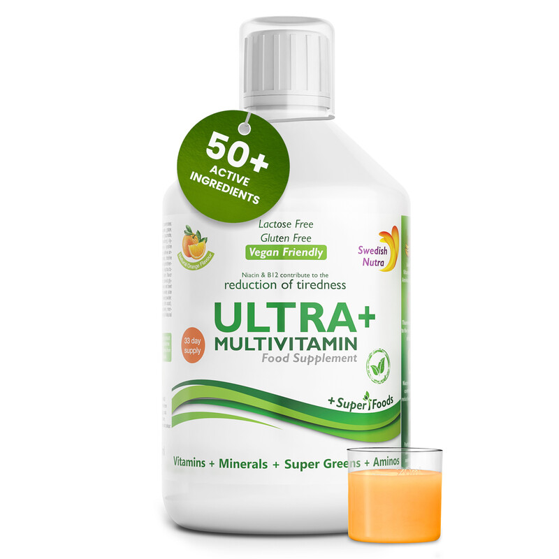 Swedish Nutra-Ultra+Veganes Multivitamin Liquid 500ml– Flüssiges Multivitamin für Männer & Frauen | schnell aufnehmbar, vegan, gentechnik-, gluten- & laktosefrei, natürlicher Orangengeschmack