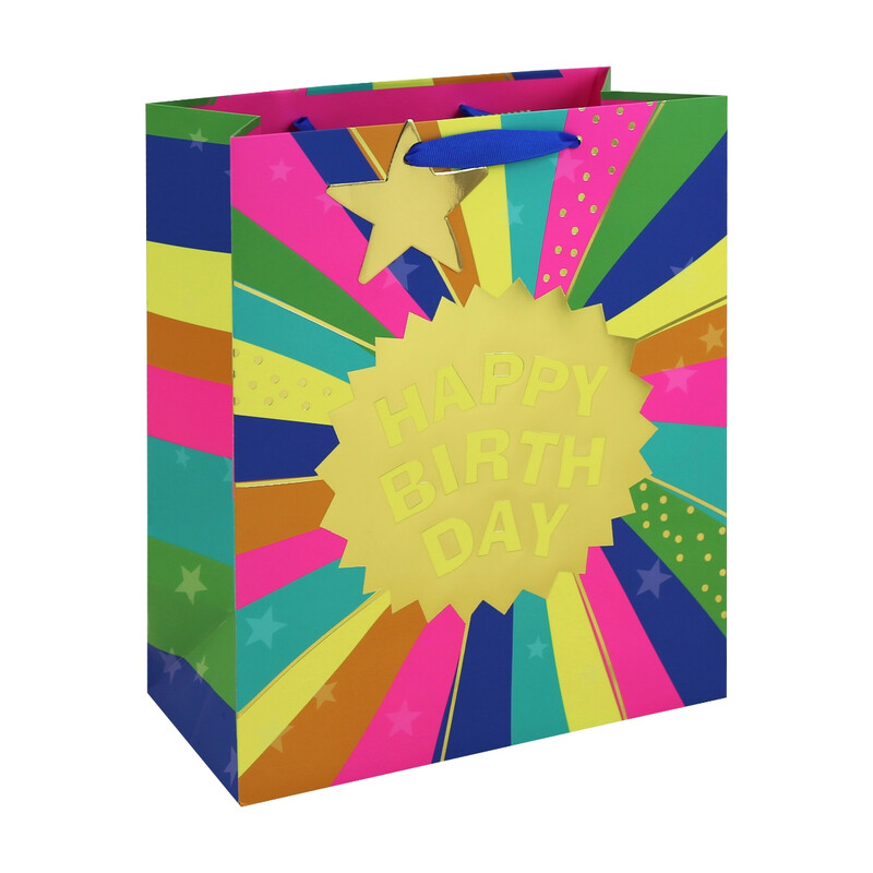 Neon Happy Birthday Gift Bag Large 26.5 (W) x 33 (L) x 14cm (H)