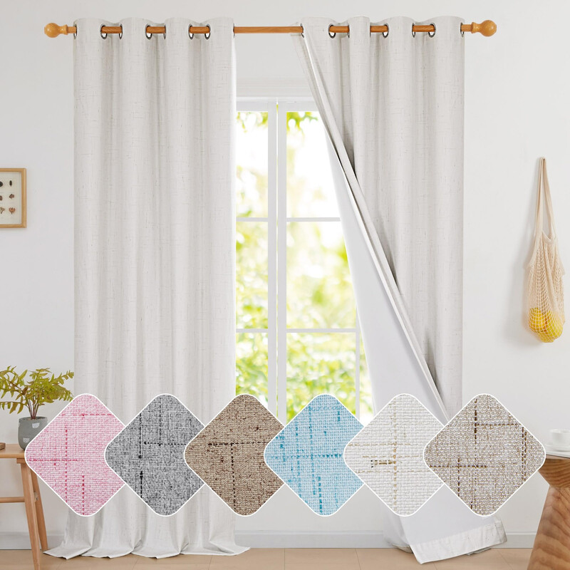 Linen-like Full Sunscreen Fabric 8 White Grommet No Tie Curtain， 2Pcs 132*214 Ivory C