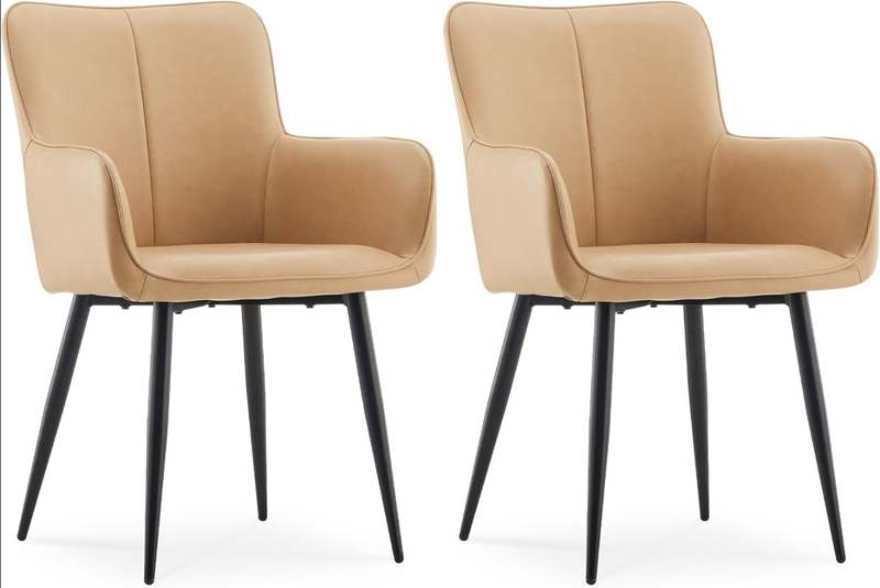 CLIPOP Faux Leather Dining Chairs with Arms and Metal Legs, Living Room Armchair with Upholstered Back for Counter Breakfast Dining Room Reception 0653 cream 58*69*86 cm