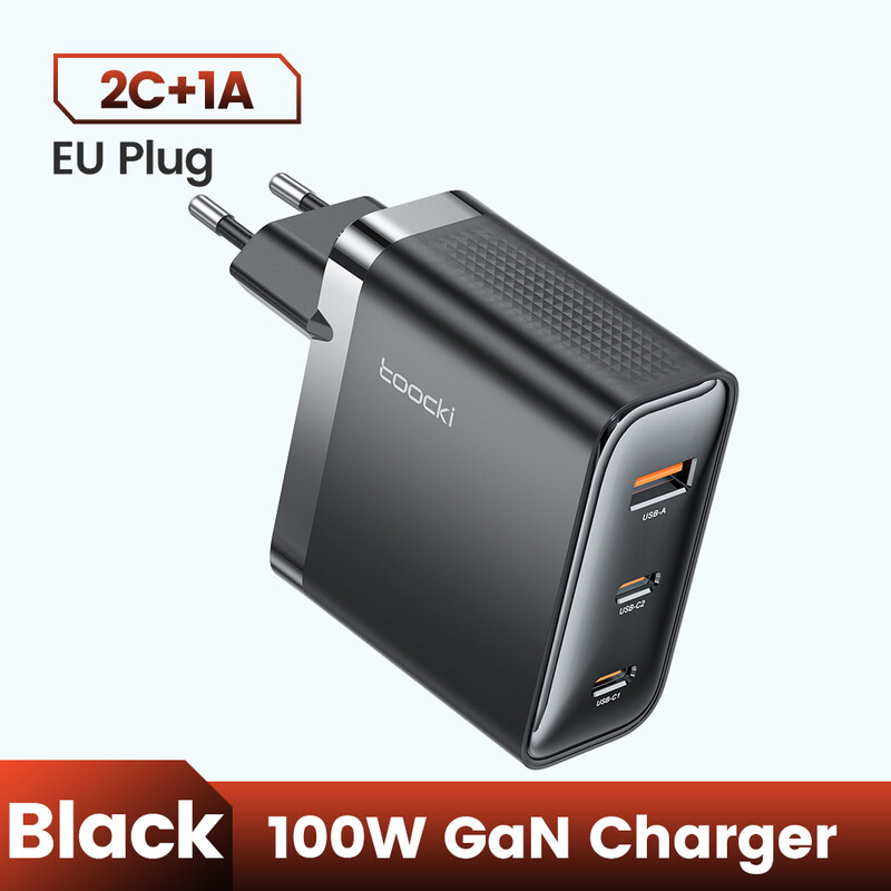 Toocki Bloc de charge USB C 100 W, Chargeur mural rapide GaN à 3 ports avec prise pliable, Chargeur rapide PD3.0/QC3.0 pour iPhone 17/16/13/14/15 Pro Max/Plus, MacBook Air/Pro, Dell XPS 13, Samsung Galaxy S24/S23 Series